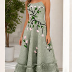 Stunning Embroidered Floral Strapless Midi Dress