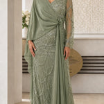 Elegant Beaded Chiffon Evening Gown with Draped Cape Sleeve