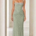 Rhinestone Embellished Ruched Waist Evening Gown with Crystal Neckline