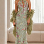 Floral Sequin Embroidered Halter Neck Mermaid Evening Gown