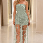 Strapless Sequin Fringe Maxi Dress with Disc Embellishments