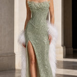 Strapless Embellished Sequin Maxi Evening Gown with Thigh Slit