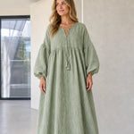 Women's Boho Lace-Up Tassel Maxi Dress Long Balloon Sleeve Textured Caftan