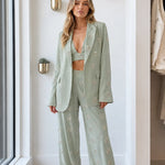 Women's 3-Piece Rhinestone Embellished Blazer Crop Top & Wide Leg Pants Set