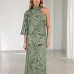 One-Shoulder High Neck Embellished Maxi Dress with Draped Flutter Sleeve