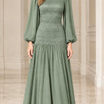 Elegant Mock Neck Lace Bodice Long Sleeve Chiffon Maxi Dress