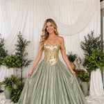 Off-The-Shoulder Mirrored Bodice Pleated Ball Gown with Shimmer Skirt