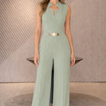 Chic Notched Neckline Wide-Leg Jumpsuit with Gold Hardware Belt