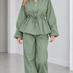 Women's Drawstring Peplum Zip Jacket and Wide-Leg Pants Two-Piece Set