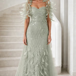 Feather Applique Sequin Embroidered Evening Gown with Tulle Overskirt