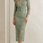 Elegant Floral Lace Belted Midi Dress with Ruffle Shoulders