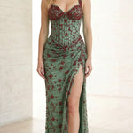 Beaded Corset Evening Gown with High Slit and Draped Waist