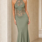 Elegance Halter Neck Lace Panel Maxi Evening Dress