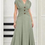 Elegant Ruched Waist V-Neck Midi Dress with Embellished Accents