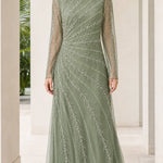 Long Sleeve Beaded Tulle Evening Maxi Gown