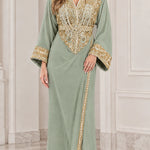 Women's Elegant Gold Embroidered V-Neck Kaftan Maxi Dress