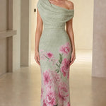 Floral Shimmer Asymmetrical Cowl Neck Evening Maxi Dress