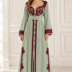 Embroidered Moroccan Kaftan V-Neck Belted Maxi Dress