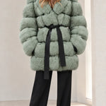 Women's Hooded Belted Faux Fur Coat with Tiered Plush Panels