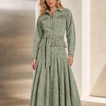 Long Sleeve Belted Button-Down Denim Maxi Shirt Dress