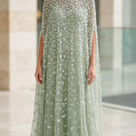 Sequined Beaded High-Neck Cape Evening Gown