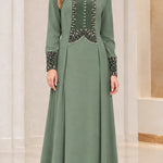 Velvet Trim Beaded Bodice Long Sleeve Maxi Dress