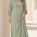 Embellished Kaftan Maxi Dress with Beaded V-Neck and Batwing Sleeves