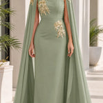 Elegant Evening Dress with Attached Cape & Gold Embroidery