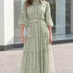 Floral Lace Button-Down Shirt Midi Dress with Ornate Buckle Belt