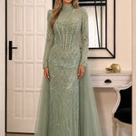 High Neck Beaded Long Sleeve Evening Gown with Tulle Overskirt