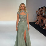 Embellished Keyhole High-Neck Chiffon Evening Gown with Slit
