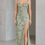 Sequined Corset Evening Gown with Bow Straps and Feather Hem