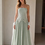 Strapless Beaded Corset Evening Gown with Scalloped Fringe & Chiffon Skirt
