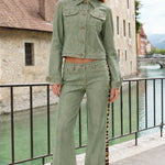 Women's Cropped Denim Jacket and Animal Print Stripe Flare Pants Two-Piece Set