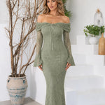 Off-the-Shoulder Floral Lace Mermaid Maxi Dress with Bell Sleeves