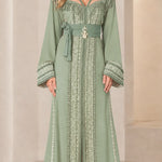 Embroidered Moroccan Caftan Maxi Dress with Fringe & Embellished Belt