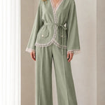 Lace Trim Wrap Blazer and Wide-Leg Pants Two-Piece Suit Set