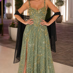 Sequined Botanical Embroidered Sleeveless Evening Gown with High Slit