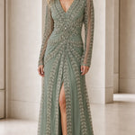 Elegant Beaded Long Sleeve V-Neck Evening Gown with Front Slit