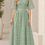 Mock Neck Sheer Grid Overlay Maxi Dress with Flutter Half Sleeves