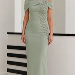 Asymmetrical Off-Shoulder Rhinestone Embellished Column Maxi Gown