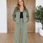 Women's Contrast Collar Zip Jacket and Wide-Leg Pants Two-Piece Set