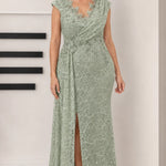 Draped V-Neck Sequin Lace Evening Gown with Front Slit and Corset Back