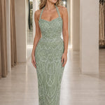 Glitz & Glamour Beaded Halter Neck Evening Gown
