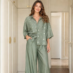 Polka Dot Button-Down Shirt and Wide-Leg Pants Two-Piece Set