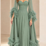 Sweetheart Neckline Tiered Tulle Ruffle Sleeve Evening Gown