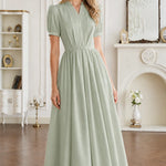 Short Sleeve Pleated V-Neck Midi Dress with Belt