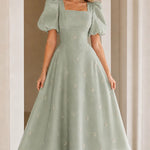 Square Neck Puff Sleeve Embroidered A-Line Midi Dress