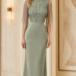 Sequin Beaded Fringe Mock Neck Maxi Evening Gown with Lace-Up Back