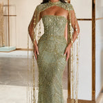 Sequined Beaded Mermaid Evening Gown with Beaded Fringe Capelet